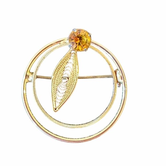Vintage Gold Double Circle Brooch Leaf Filigree Design Amber Rhinestone 1.25in - Picture 1 of 14